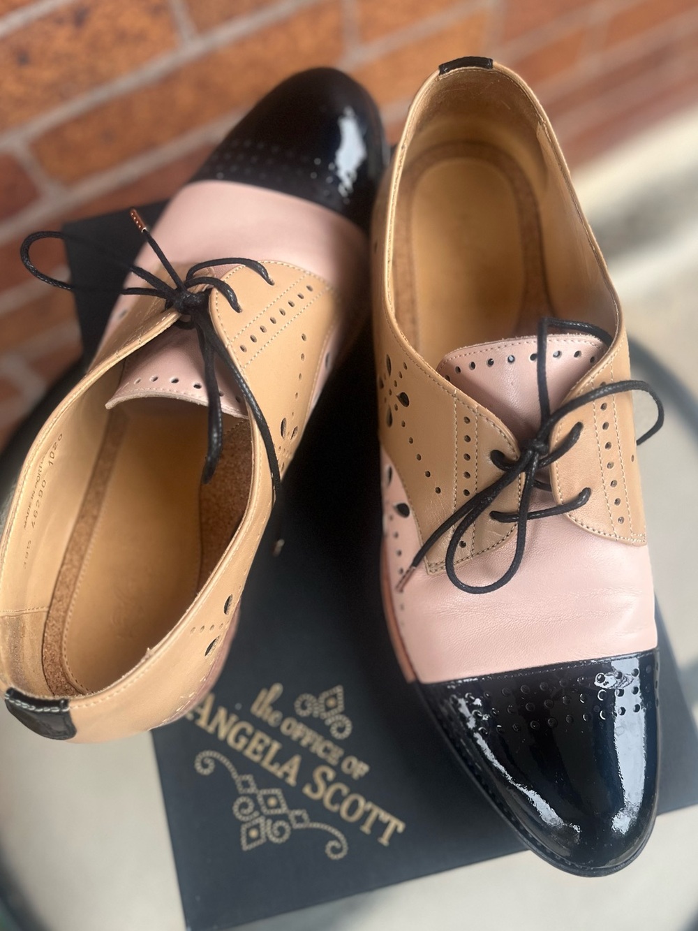 Angela Scott Women's Two-Tone Pink and Tan Lace-Up Brogue Oxford